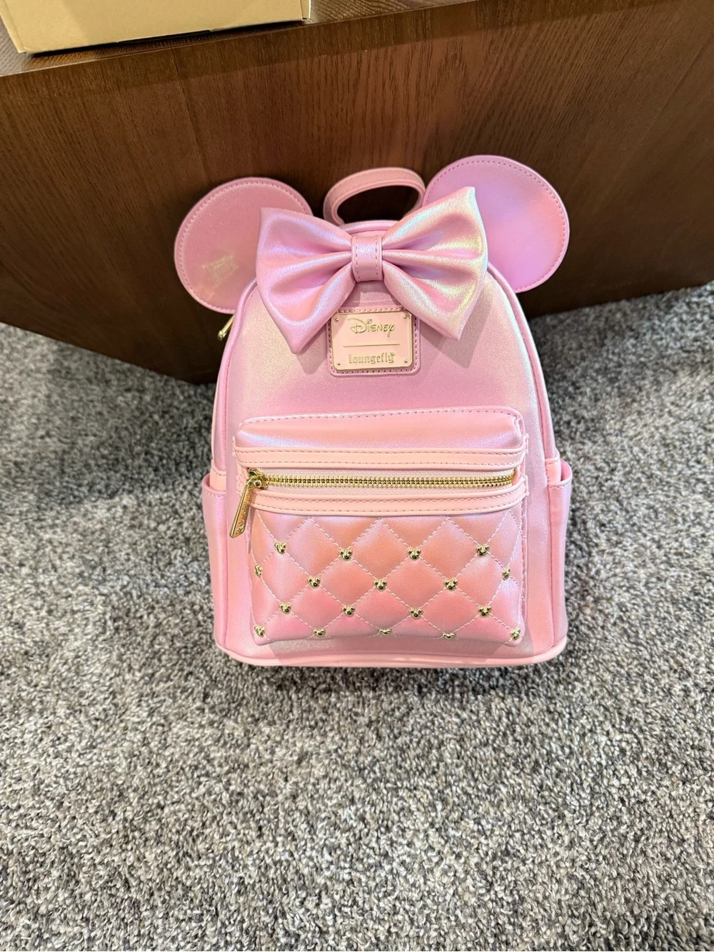 Loungefly Iridescent Pink Minnie Ear Bow Quilted Mini Backpack